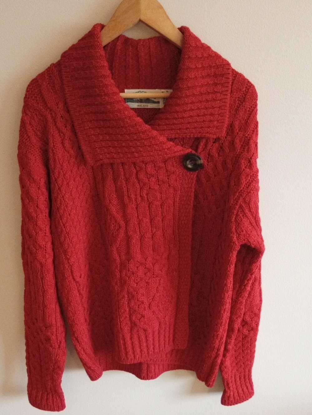 Aran Crafts 100% Merino Wool Cable Knit Shawl Collar Sweater Size Medium